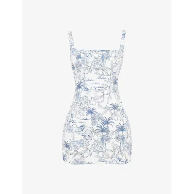 Mistress Rocks Womens White Garden Abstract-pattern Halterneck Stretch-mesh Mini Dress In White Garden