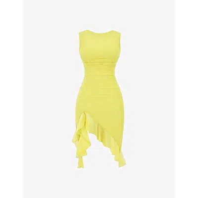 MISTRESS ROCKS WOMENS LIME SORBET ASYMMETRIC RUFFLED-HEM STRETCH-MESH MIDI DRESS XS
