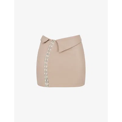 Mistress Rocks Womens Beige Folded Alpha Folded-waist High-rise Vegan-leather Mini Skirt