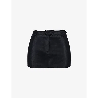 Mistress Rocks Womens Belted Faux-leather Mini Skirt Black