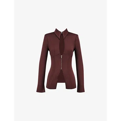 Mistress Rocks Womens Peekaboo Zip-front Stretch-woven Blazer Chocolate
