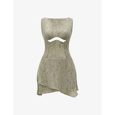 Mistress Rocks Womens  Cut-out Slim-fit Stretch-jersey Mini Dress In Printed Khaki
