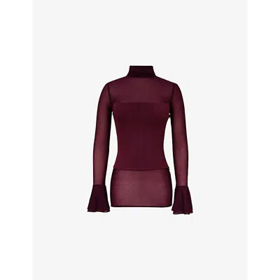 Mistress Rocks Womens High-neck Long-sleeve Corseted Mesh Top Dark Plum