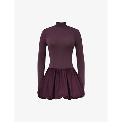 Mistress Rocks Womens Puff-ball Long-sleeve Stretch-crepe Mini Dress Dark Plum