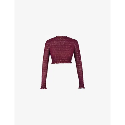 Mistress Rocks Womens  Delight Slim-fit Long-sleeve Shirred Stretch-woven Cropped Top In Aubergine