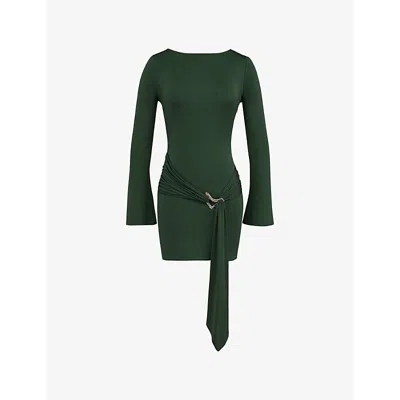 Mistress Rocks Womens Ring-embellished Long-sleeve Draped Stretch-jersey Mini Dress Evergreen
