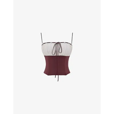 Mistress Rocks Womens  Gathered Lace-trim  Stretch-woven Corset Top In Coffee & Cream