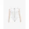 MISTRESS ROCKS WOMENS CRYSTALLISED PANELLED PLUNGE-NECKLINE STRETCH-MESH BODYSUIT IVORY