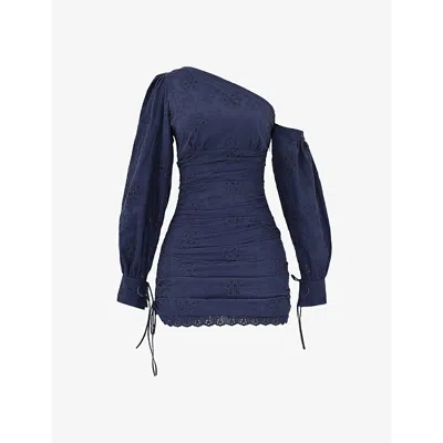 Mistress Rocks Womens Navy Broderie Slim-fit Off-shoulder Cotton Mini Dress