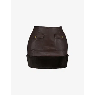 Mistress Rocks Womens  Faux-fur Trimmed High-rise Vegan-leather Mini Skirt In Chocolate Faux