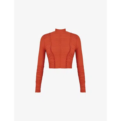 Mistress Rocks Womens Gathered Long-sleeve Stretch-mesh Top Burnt Orange