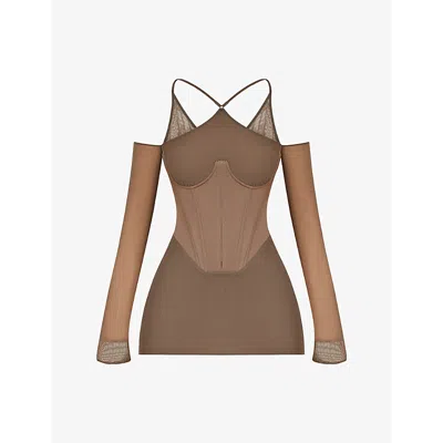 Mistress Rocks Womens Mocha Halterneck Corset Stretch-cotton Twill Mini Dress