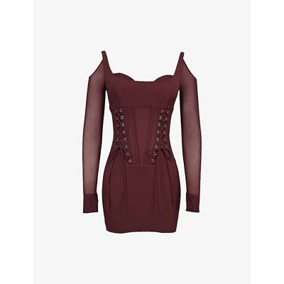 Mistress Rocks Womens Lace-up Corset Stretch-woven Mini Dress Dark Cherry