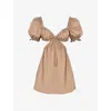 Mistress Rocks Womens  Peace Puff-sleeve Cut-out Cotton Mini Dress In Tan