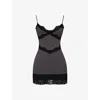 Mistress Rocks Womens  Plunge-neck Sleeveless Lace-trim Stretch-crepe Mini Dre In Slate & Black