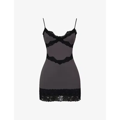 Mistress Rocks Womens  Plunge-neck Sleeveless Lace-trim Stretch-crepe Mini Dre In Slate & Black