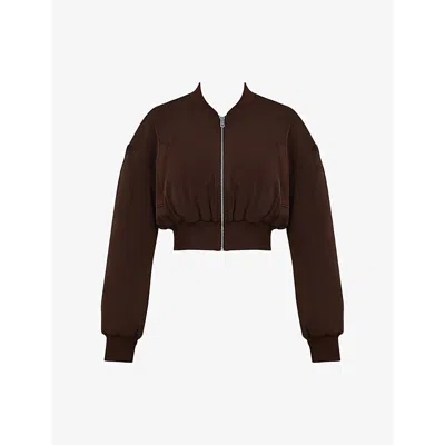 MISTRESS ROCKS WOMENS COCOA RIBBED-COLLAR ZIP-UP CROPPED SHELL BOMBER JACKET