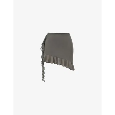 Mistress Rocks Womens Ruffle-trim High-rise Asymmetric Stretch-mesh Mini Skirt Moss
