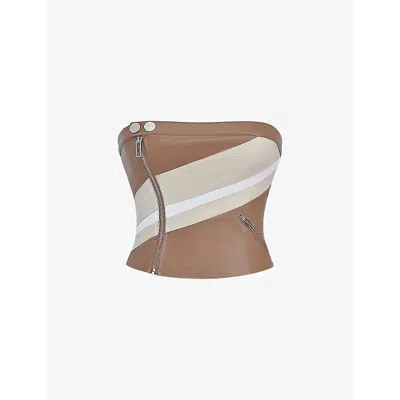 Mistress Rocks Womens  Contrast-stripe Slim-fit Strapless Vegan-leather Top In Nutmeg