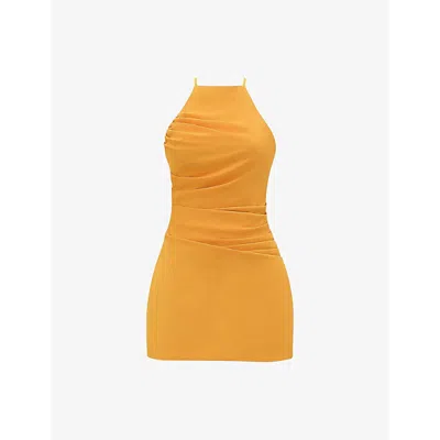 Mistress Rocks Womens Halter-neck Lace-trim Woven Mini Dress Orange