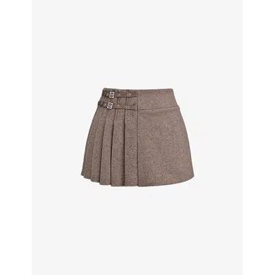 Mistress Rocks Womens Sandstone Buckle-embellished Mid-rise Pleated Wool-blend Mini Skirt