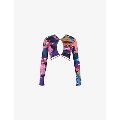 Mistress Rocks Womens  Siren Cut-out Graphic-print Cropped Stretch-jersey Top In Collage Print