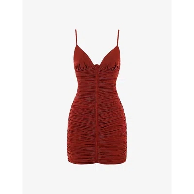 Mistress Rocks Womens  Spotlight Plunge-neck Ruched Stretch-mesh Mini Dress In Wine