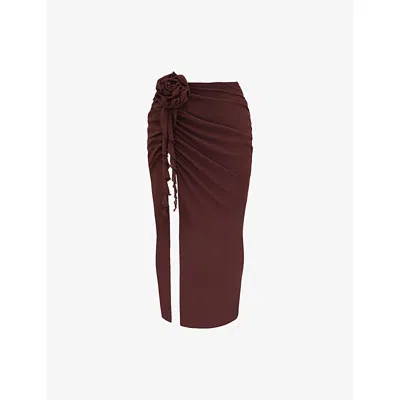 Mistress Rocks Womens Walnut 3d-floral Motif Side-slit Woven Midi Skirt