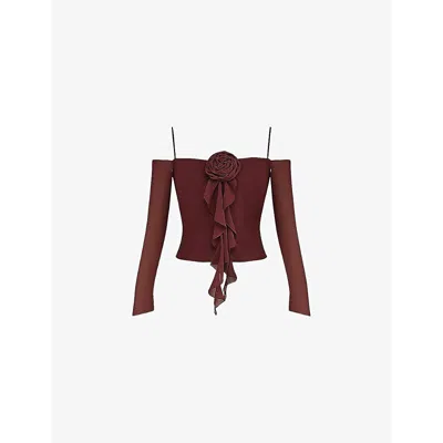 Mistress Rocks Womens Walnut Floral-embroidered Cut-out Slim-fit Woven Top