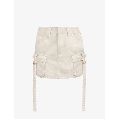 Mistress Rocks Womens White Flap-pocked Faded-wash Denim-blend Mini Skirt