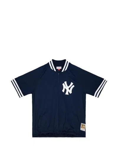 Mitchell & Ness 1988 New York Yankees Stripe-collar Half-zip Polo Shirt In Blue