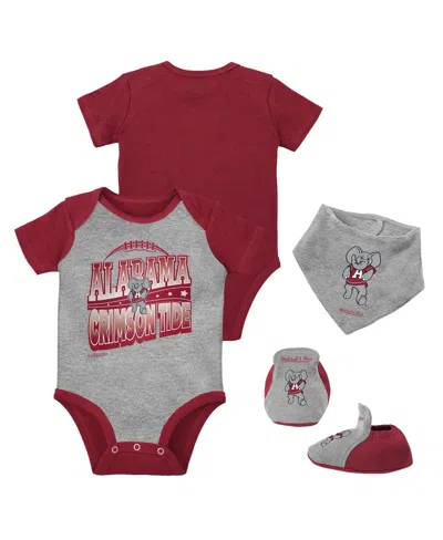 Mitchell & Ness Baby Boys And Girls 3-pack Crimson/heather Gray Alabama Crimson Tide Bodysuit, Bib And Bootie Set In Burgundy