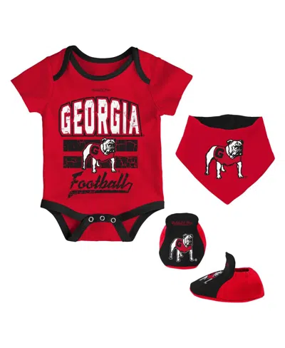Mitchell & Ness Baby Boys And Girls 3-piece Red Georgia Bulldogs Bodysuit, Bib And Bootie Set In Multi