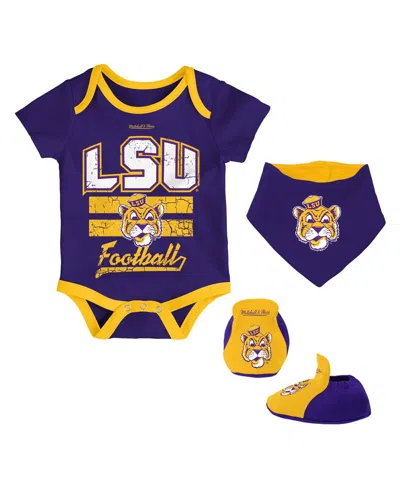 Mitchell & Ness Baby Boys And Girls Purple Lsu Tigers Bodysuit, Bib And Bootie, Set Of 3 In Blue