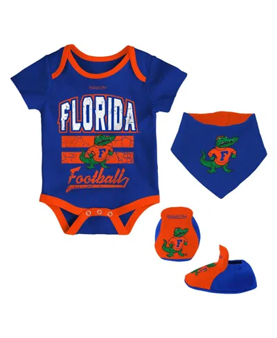 Mitchell & Ness Baby Boys And Girls Royal Florida Gators Bodysuit, Bib And Bootie, Set Of 3 In Blue