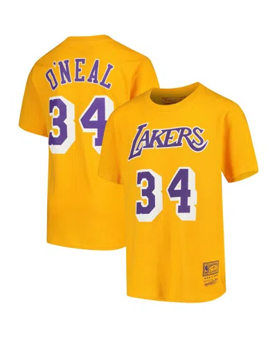 Mitchell & Ness Kids' Big Boys And Girls Shaquille O'neal Gold Los Angeles Lakers Hardwood Classics Name Number T-shirt In Yellow