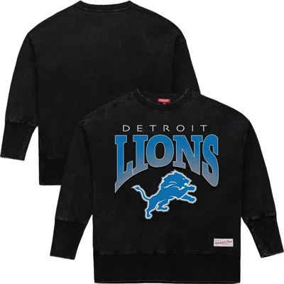 Mitchell & Ness Black Detroit Lions Delineate Mineral Wash Crewneck Sweatshirt
