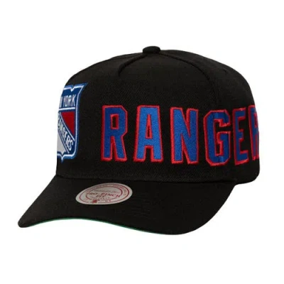 Mitchell & Ness Black New York Rangers Busted Logo Wordmark Wrap-around Pro Pinch Adjustable Hat