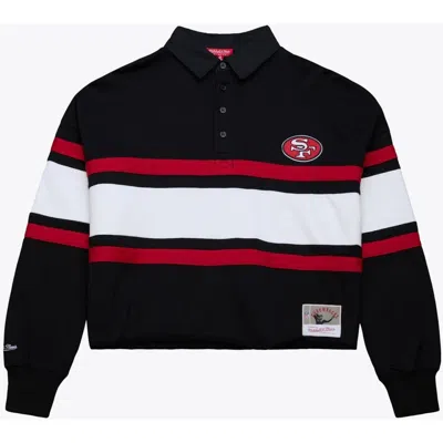 Mitchell & Ness Black San Francisco 49ers  Cropped Long Sleeve Rugby Polo