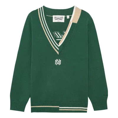 Mitchell & Ness Branded Contrasting V-neck Sweater 'green'