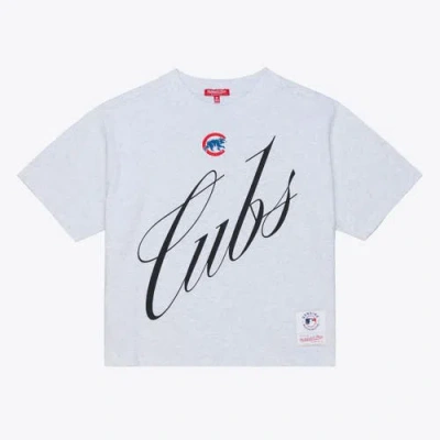 Mitchell & Ness Heather Gray Chicago Cubs Script Cropped Boxy T-shirt In White