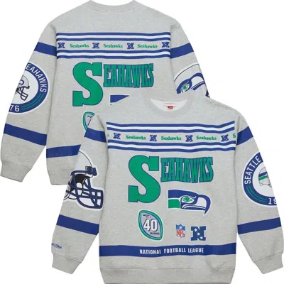 Mitchell & Ness Heather Gray Seattle Seahawks All Over Print Vintage Fleece Crewneck Sweatshirt