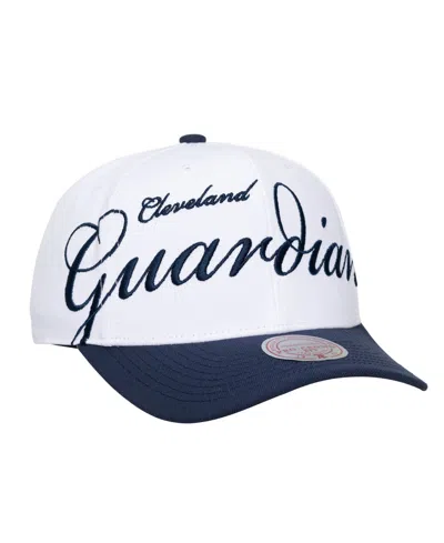 Mitchell & Ness Men's And Women's White/navy Cleveland Guardians Xl Script Pro Crown Adjustable Hat In White,navy