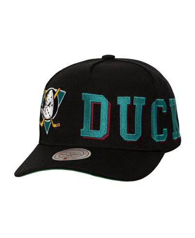 Mitchell & Ness Men's Black Anaheim Ducks Busted Logo Wordmark Wrap-around Pro Pinch Adjustable Hat