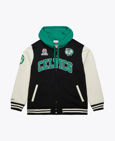 Mitchell & Ness Men's Black Boston Celtics Vintage Logo Courtside Fleece Full-button Jacket In Animal Print