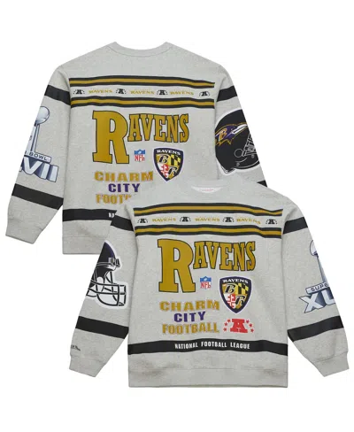 Mitchell & Ness Men's Heather Gray Baltimore Ravens All Over Print Fleece Crewneck Sweatshirt