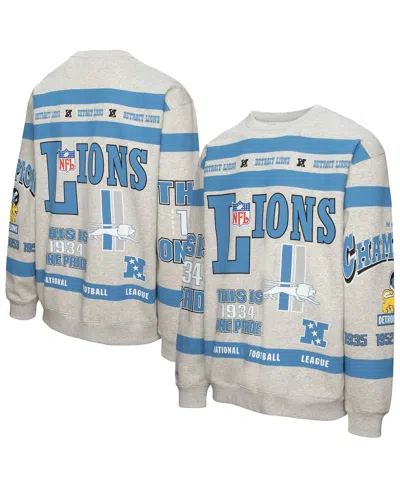 Mitchell & Ness Heather Gray Detroit Lions All Over Print Vintage Fleece Crewneck Sweatshirt In Blue