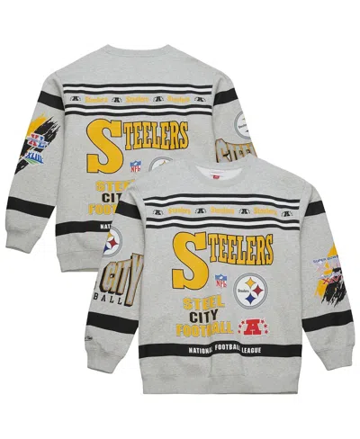 Mitchell & Ness Men's Heather Gray Pittsburgh Steelers All Over Print Fleece Crewneck Sweatshirt