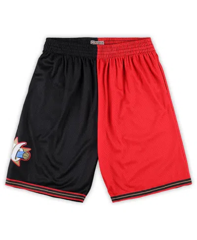 MITCHELL & NESS MEN'S MITCHELL & NESS BLACK, RED PHILADELPHIA 76ERS BIG AND TALL HARDWOOD CLASSICS SPLIT SWINGMAN SH