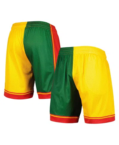 MITCHELL & NESS MEN'S MITCHELL & NESS GREEN, GOLD SEATTLE SUPERSONICS HARDWOOD CLASSICS 1995 SPLIT SWINGMAN SHORTS